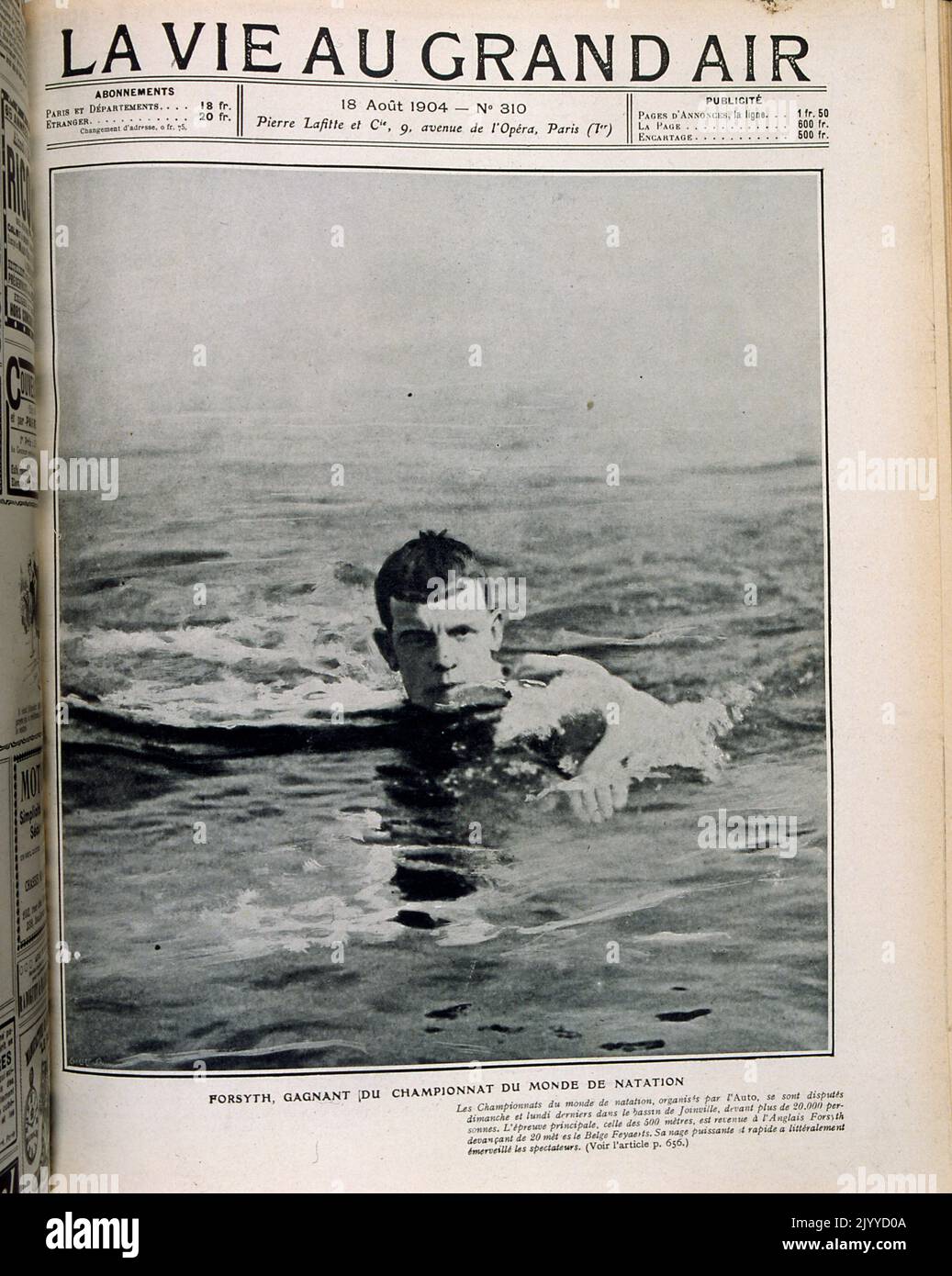 Aus der Zeitschrift La Vie au Grand Air (Leben in der Natur); Schwarz-Weiß-Fotografie von Forsythe auf dem Cover vom 18. August 1904. Er war der Weltmeister im Schwimmen Stockfoto