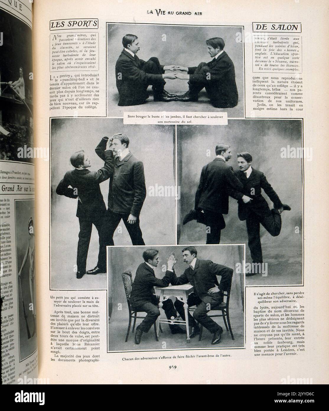 Aus dem Magazin La Vie au Grand Air (Life in the Outdoors); Schwarz-Weiß-Fotografien von Männern, die Kraftgesten demonstrieren, darunter Armringen auf einem Tisch, während sie einen Fuß in der Luft halten. Stockfoto