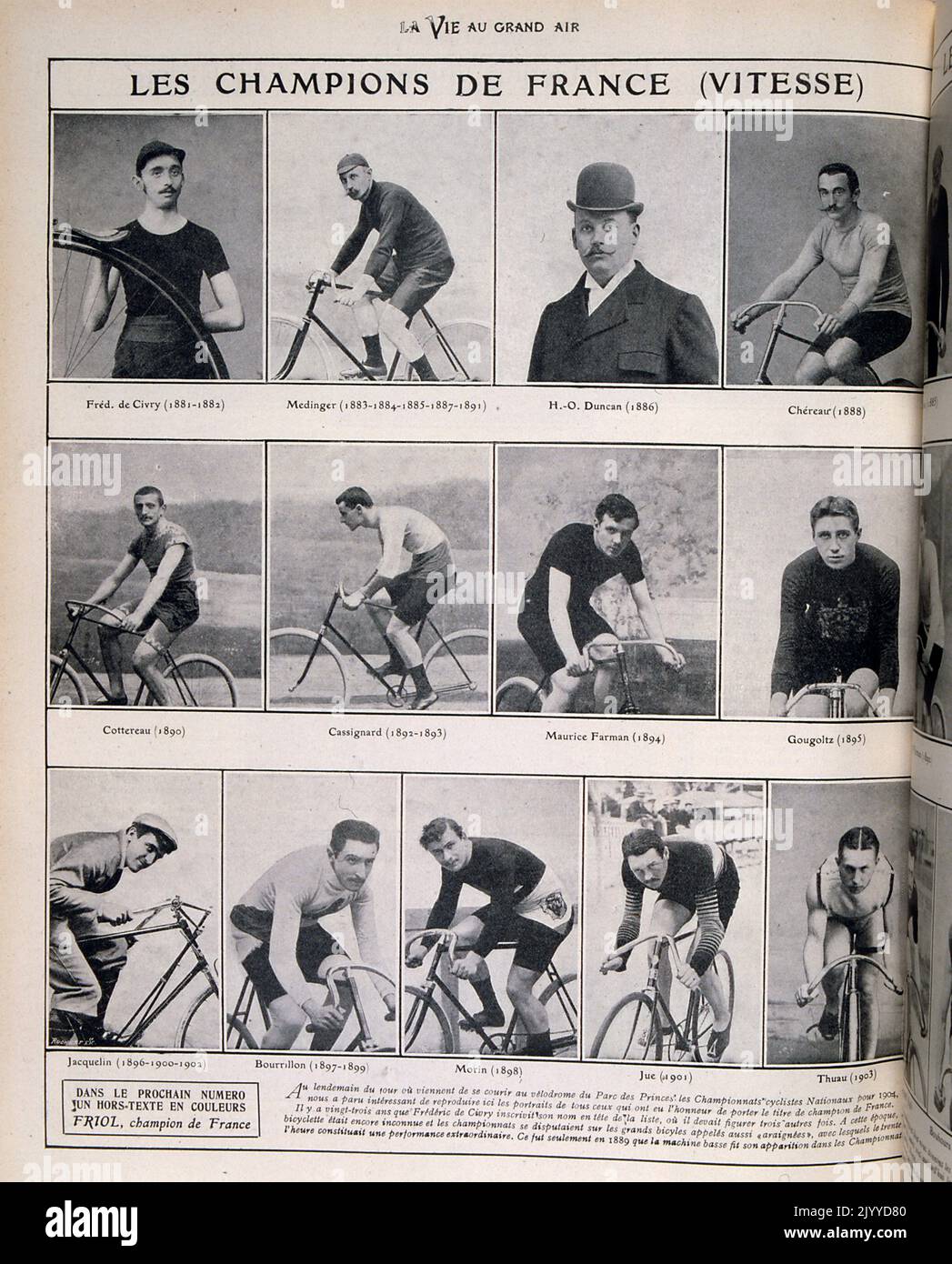 Aus dem Magazin La Vie au Grand Air (Leben im Freien); Schwarz-Weiß-Fotografien der französischen Radsportmeister. Stockfoto