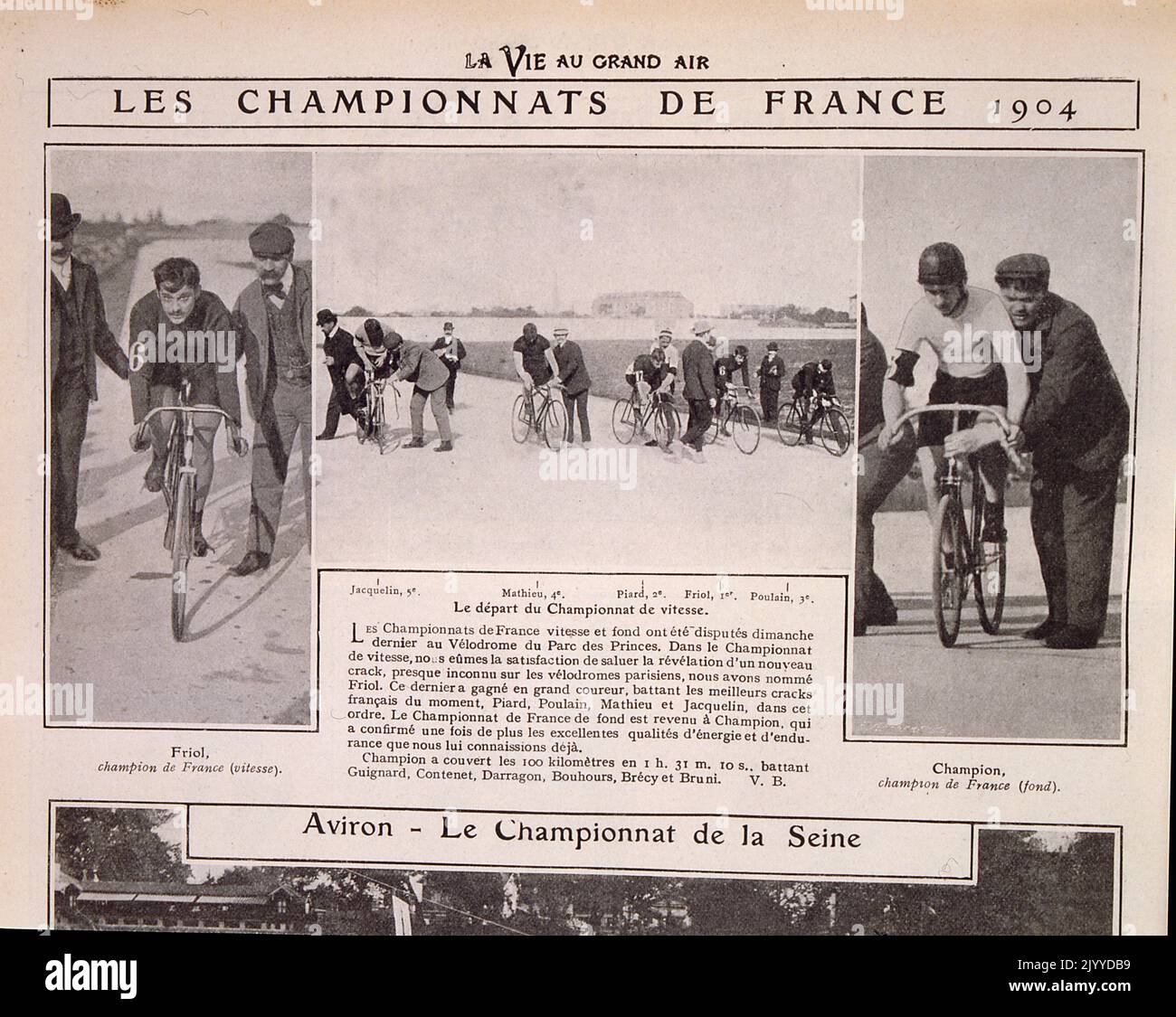 Aus dem Magazin La Vie au Grand Air (Leben im Freien); Schwarz-Weiß-Aufnahmen der Radsportmeister Frankreichs im Jahr 1904, fotografiert in Aviron. Stockfoto