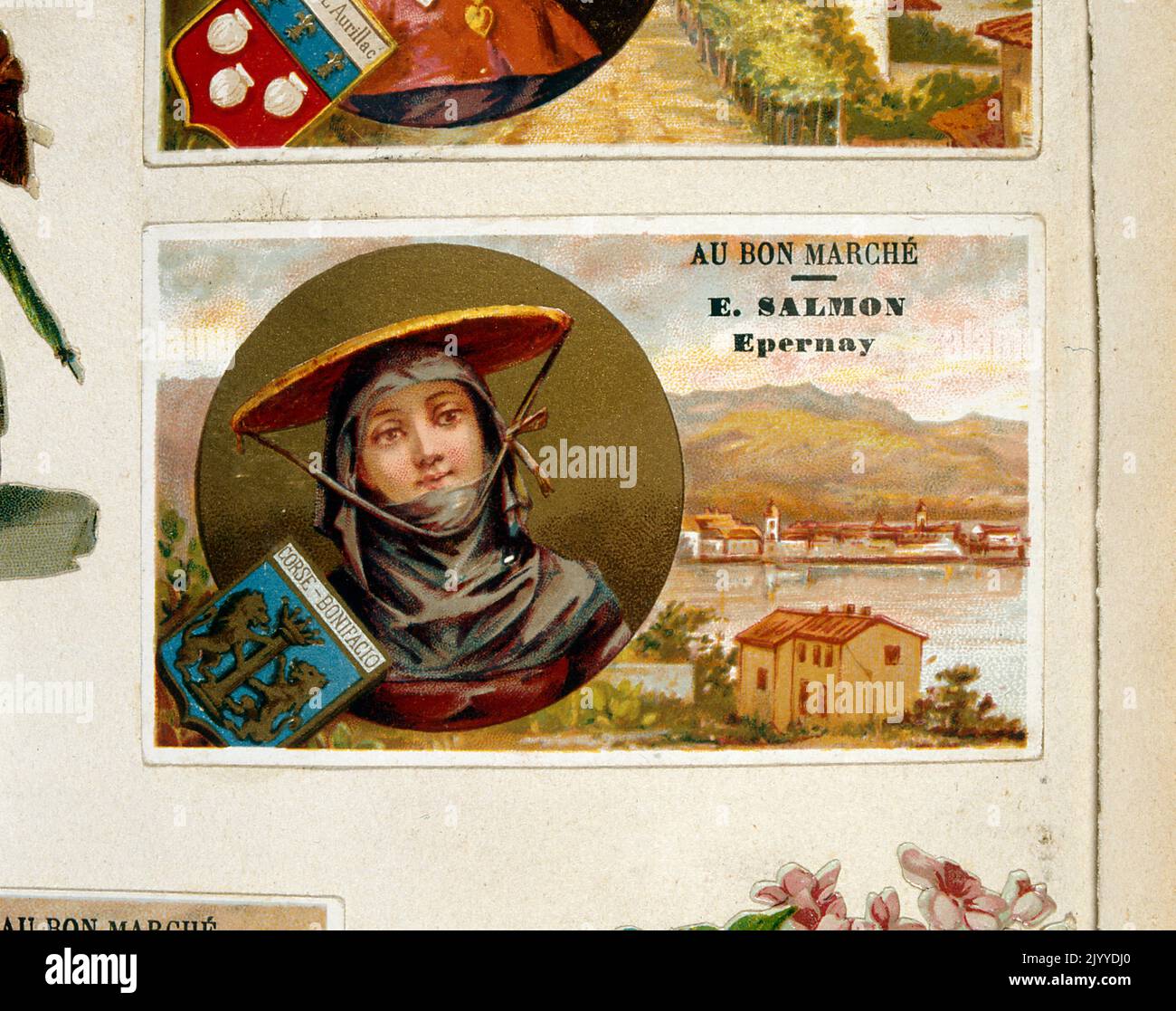 Tauschkarte aus der Kollektion „Au Bon Marche“, gedruckt von E. Salmon Epernay, mit Darstellung von Corse-Bonifacio, Frankreich. Stockfoto