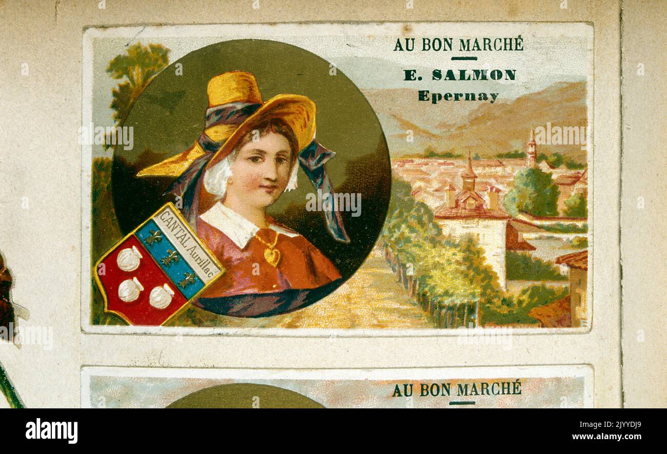 Tauschkarte aus der Kollektion „Au Bon Marche“, gedruckt von E. Salmon Epernay, mit Darstellung des Cantal Aurillac, Frankreich. Stockfoto