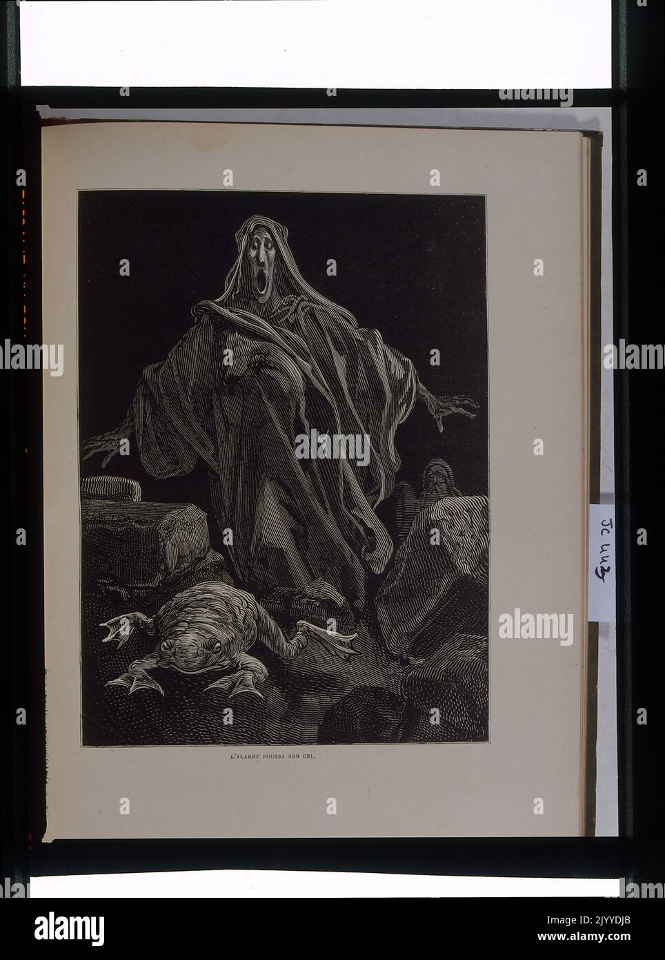 Gravur mit dem Titel „The Cry of Alarm“, in der eine ghoul-ähnliche Figur auf der Jagd nach einer Kröte dargestellt wird. Stockfoto