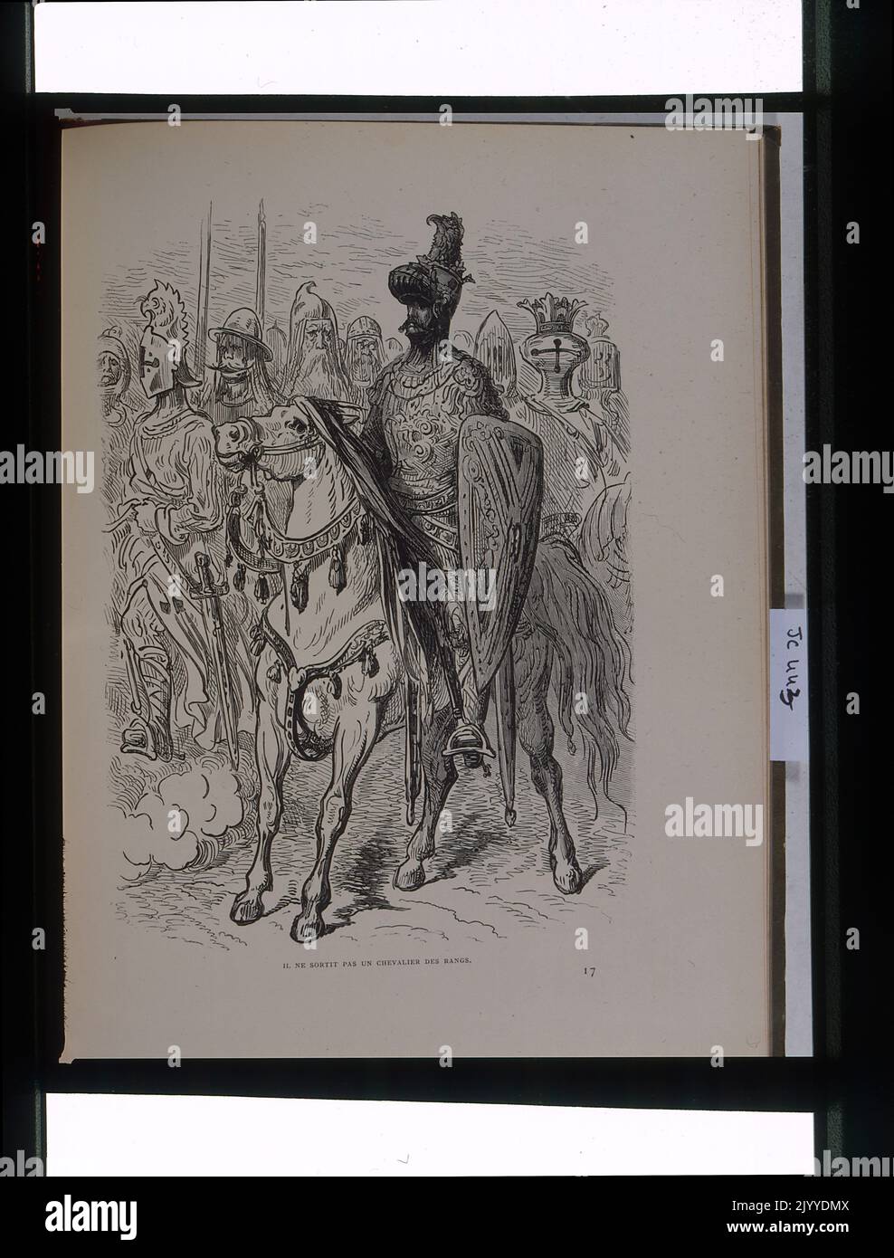 Abbildung mit dem Titel „kein Ritter irgendeines Ranges wird entkommen“, die einen Ritter mit einem hohen Helm und einem Schild mit geprägtem Rüstungswagen zeigt, der neben einem weißen Pferd steht (mögliche Kreuzritter). Stockfoto
