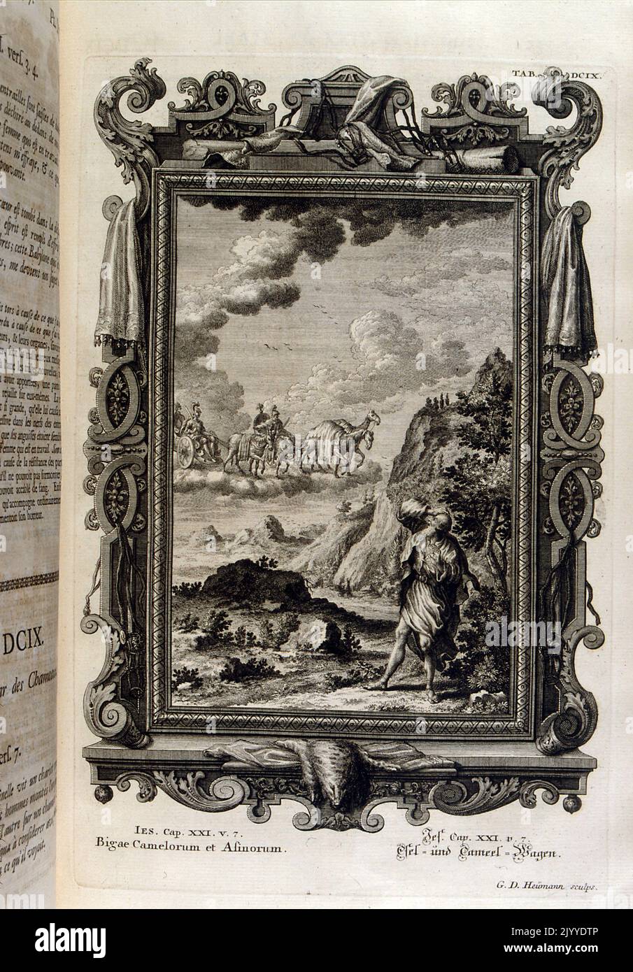 Gravur, die einen Mann darstellt, der Schutz nimmt, während römische Truppen vorbei fahren. Die Illustration ist in einem kunstvollen Rahmen gesetzt. Stockfoto