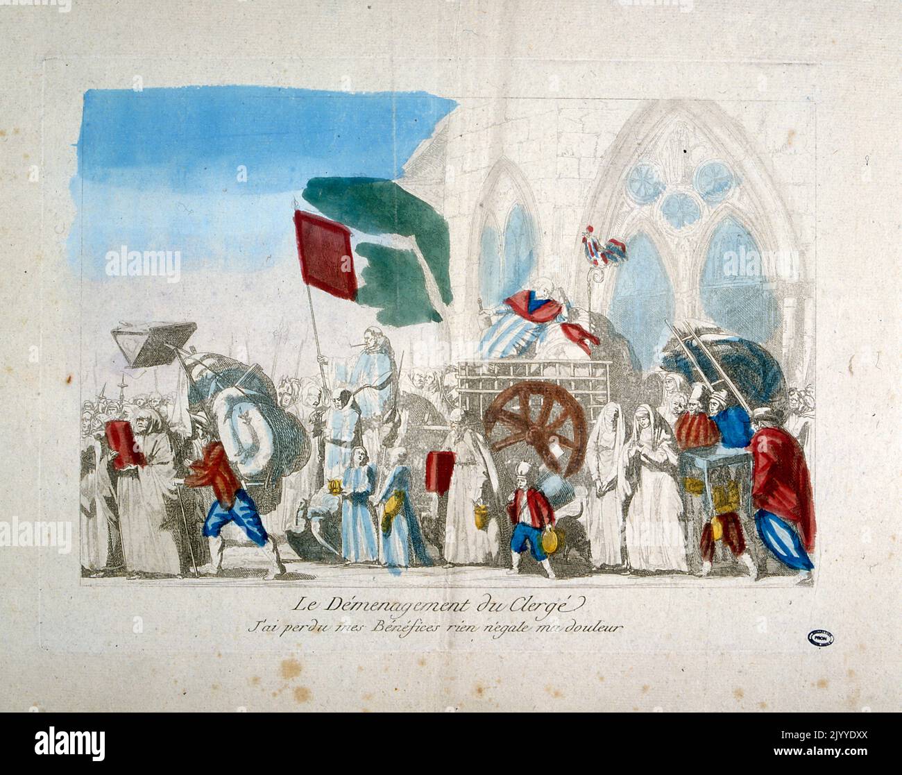 Farbige Illustration, die die Evakuierung des Klerus zu Beginn der Französischen Revolution darstellt. Stockfoto