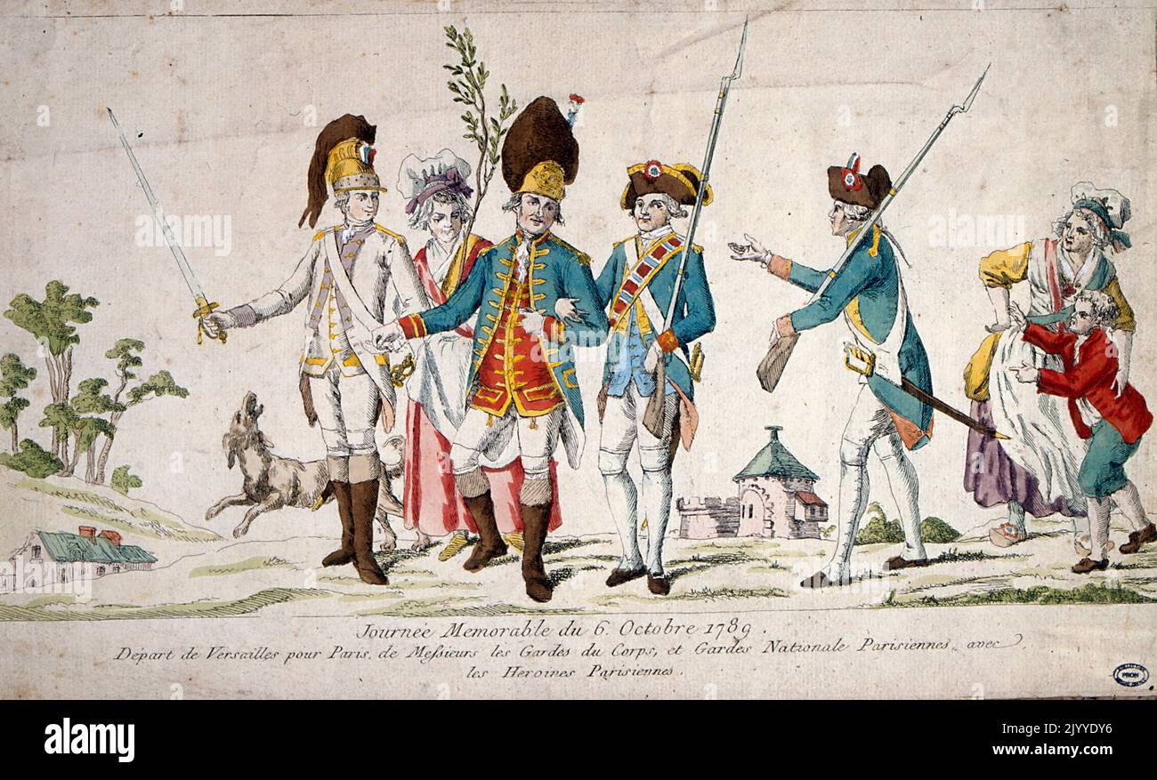Farbige Illustration mit dem Titel „Ein unvergesslicher Tag“, in der Militärangehörige durch ein Dorf gehen; die Abfahrt von Versailles nach Paris. Stockfoto