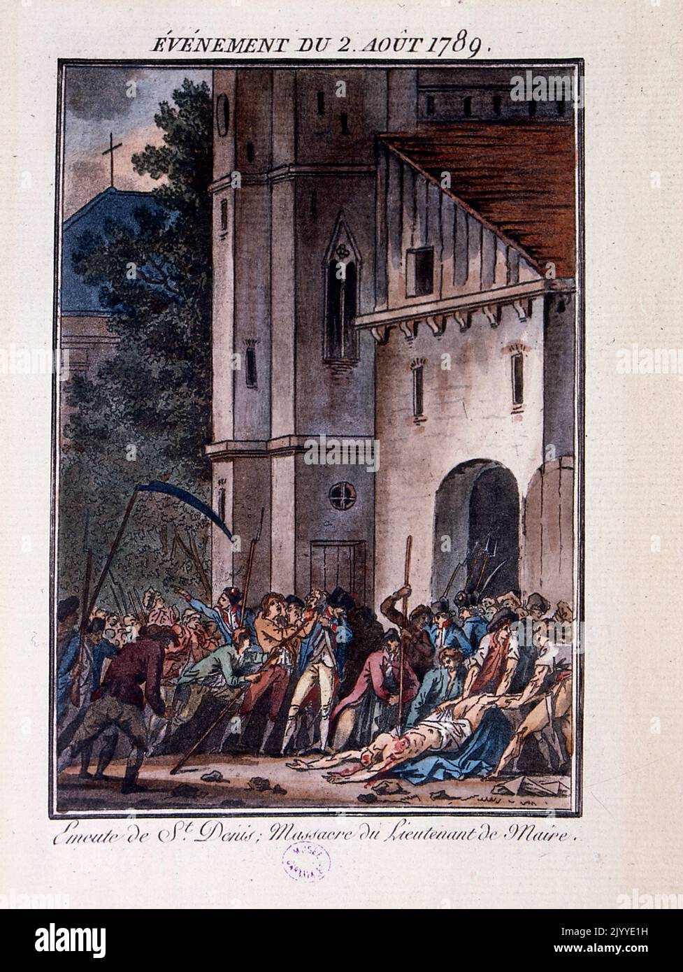 Farbige Illustration des Massakers von Lieutenant de Maire, das in St. Denis in Paris stattfand. Stockfoto