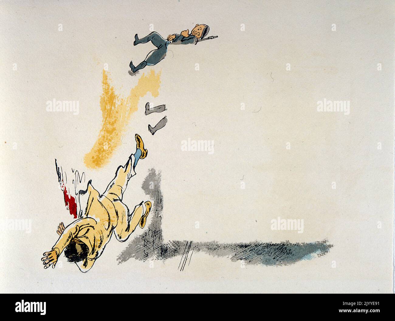 Farbige Illustration, die einen Mann zeigt, der tot liegt und vorbeigeht. Stockfoto