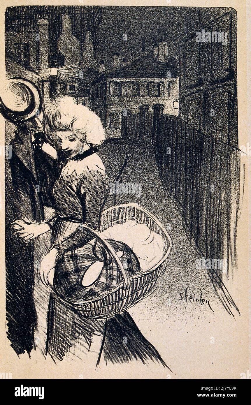 Holzkohle-Illustration, die einen Mann und eine Frau in einer Gasse mit einem Korb zeigt. Illustriert von Theophile Steinlen (1859-1923), französisch-schweizerischer Jugendstilmaler und Grafiker. Stockfoto