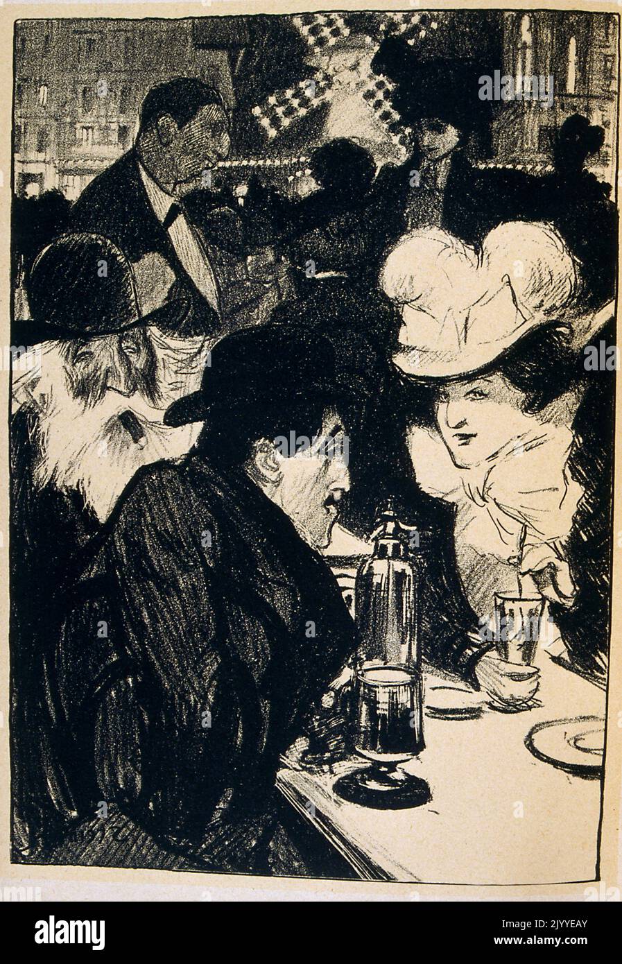 Holzkohle-Illustration mit einem Paar, das sich über einen Tisch im Moulin Rouge lehnt. Illustriert von Theophile Steinlen (1859-1923), französisch-schweizerischer Jugendstilmaler und Grafiker. Stockfoto