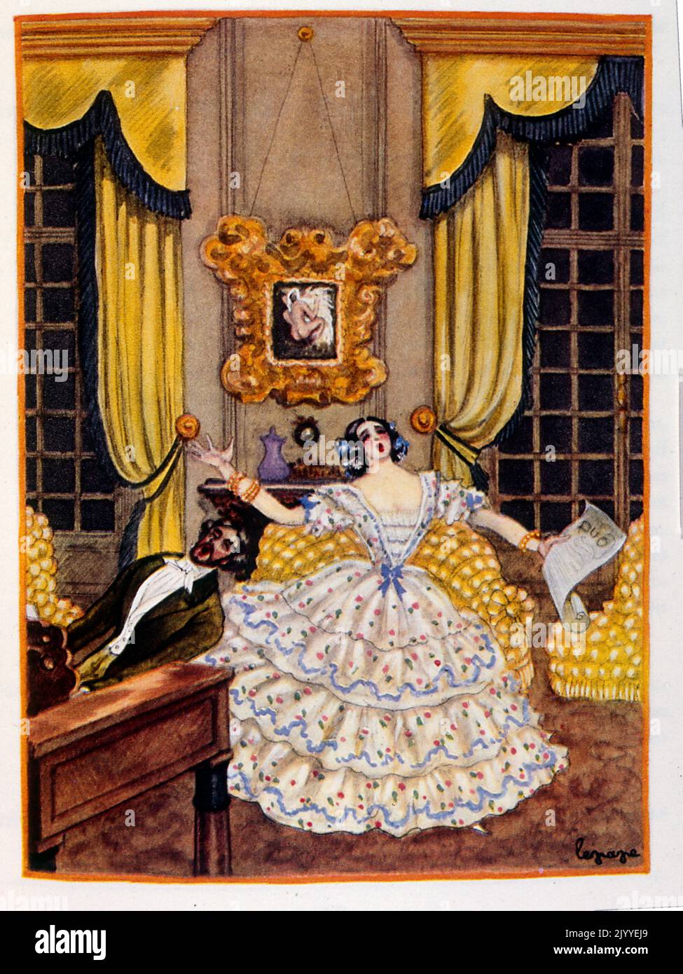 Farbige Illustration, die eine innere häusliche Szene zeigt, in der eine Enkelin und ein Mann in ihrem Wohnzimmer singen und Klavier spielen. Stockfoto