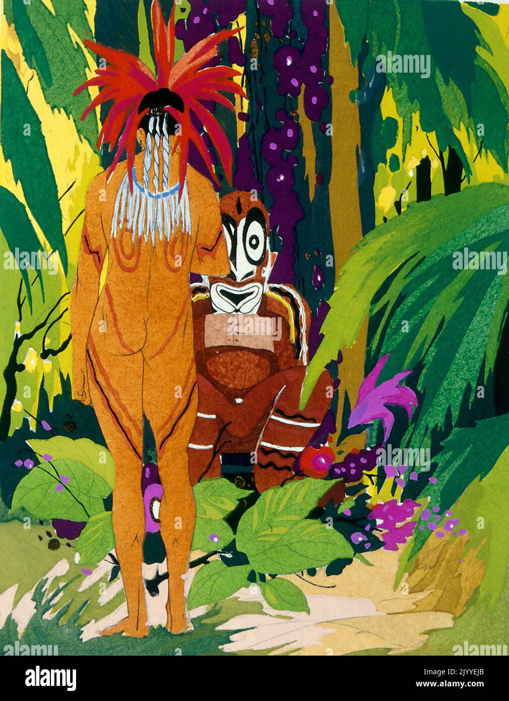 Farbige Illustration, die einen tätowierten Stammesmann mit Kopfschmuck aus Paradiesvögeln zeigt. Scheint aus der Sepik River Region in Papua-Neuguinea zu stammen. Stockfoto