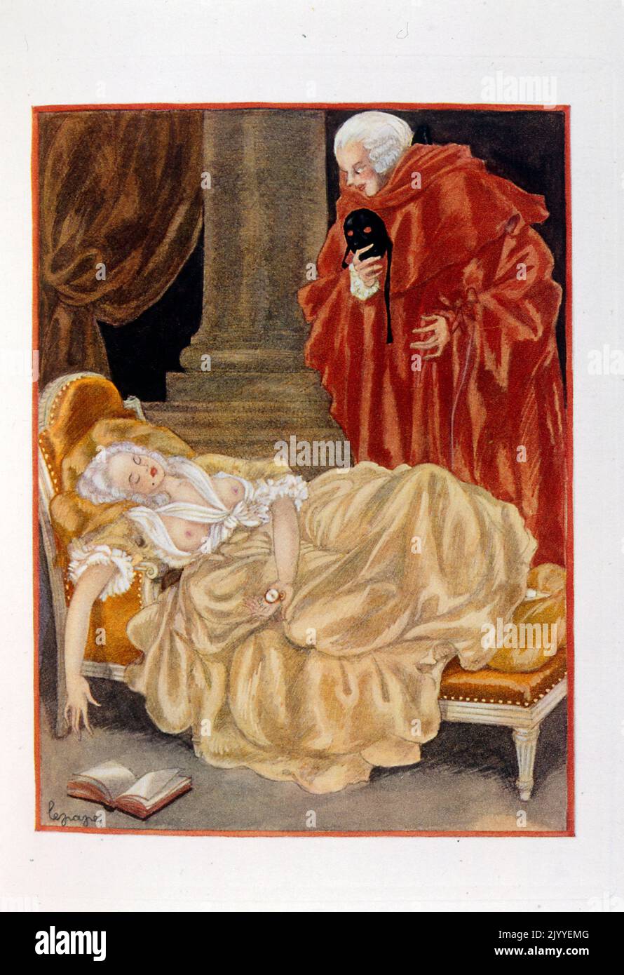 Abbildung einer Maskenkugel, bei der der Maskenmann seine Maske auszieht und eine Dame auf der Couch schlafend sieht; von Georges Lepape (1887-1971), französischer Plakatkünstler, Illustrator und Modedesigner Stockfoto