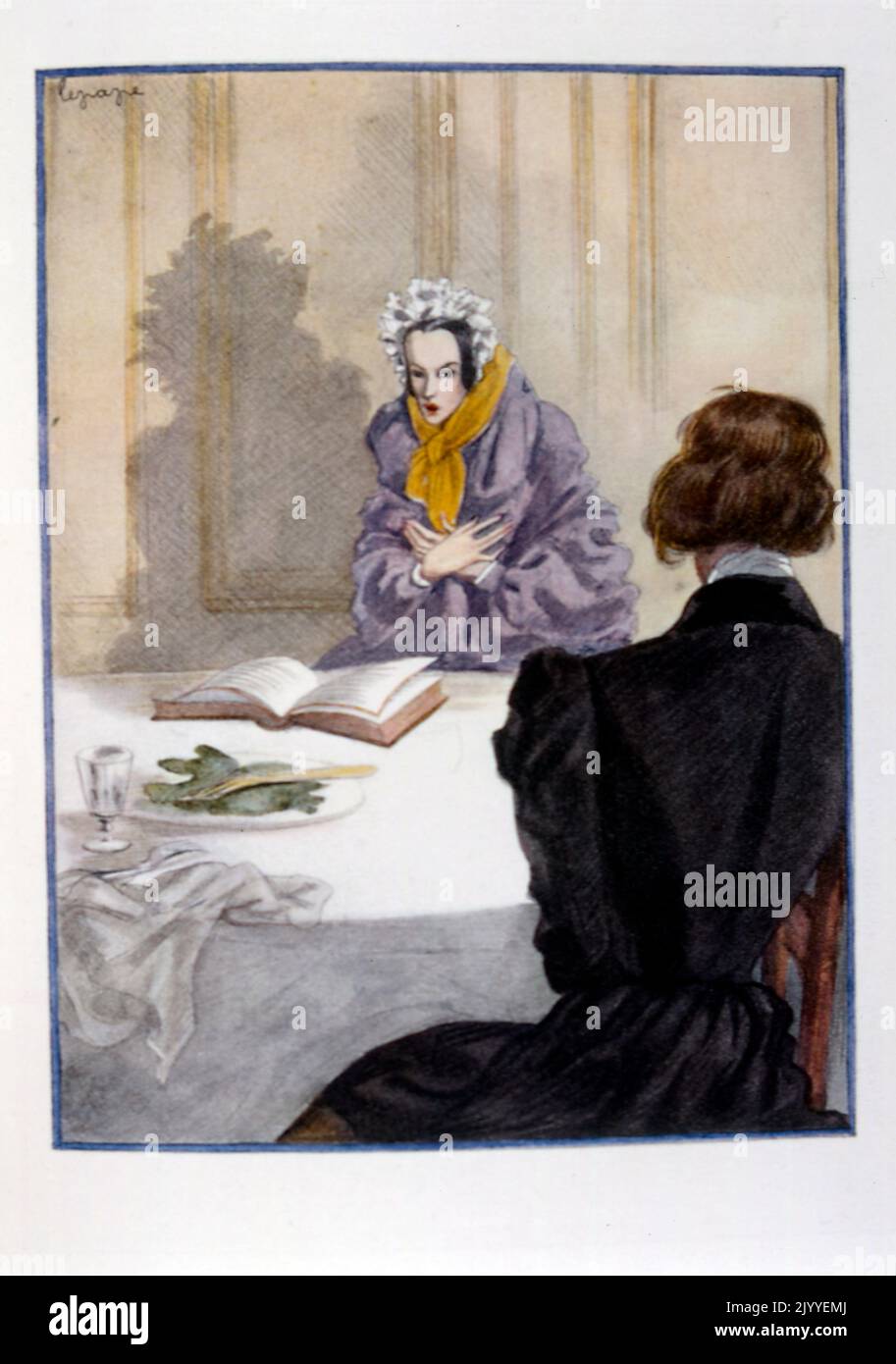 Abbildung einer Dame, die an einem Tisch sitzt und liest und ihren Diener ansieht. Illustriert von Georges Lepape (1887-1971), französischer Plakatkünstler, Illustrator und Modedesigner Stockfoto