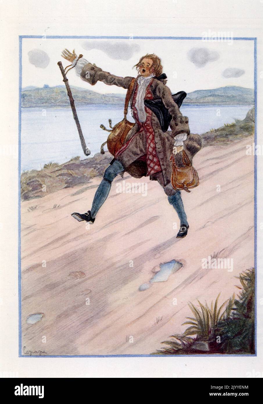 Abbildung eines Reisenden Mannes, der mit seinem Gehstock die Straße entlang läuft und trägt. Von Georges Lepape (1887-1971), französischer Plakatkünstler, Illustrator und Modedesigner Stockfoto