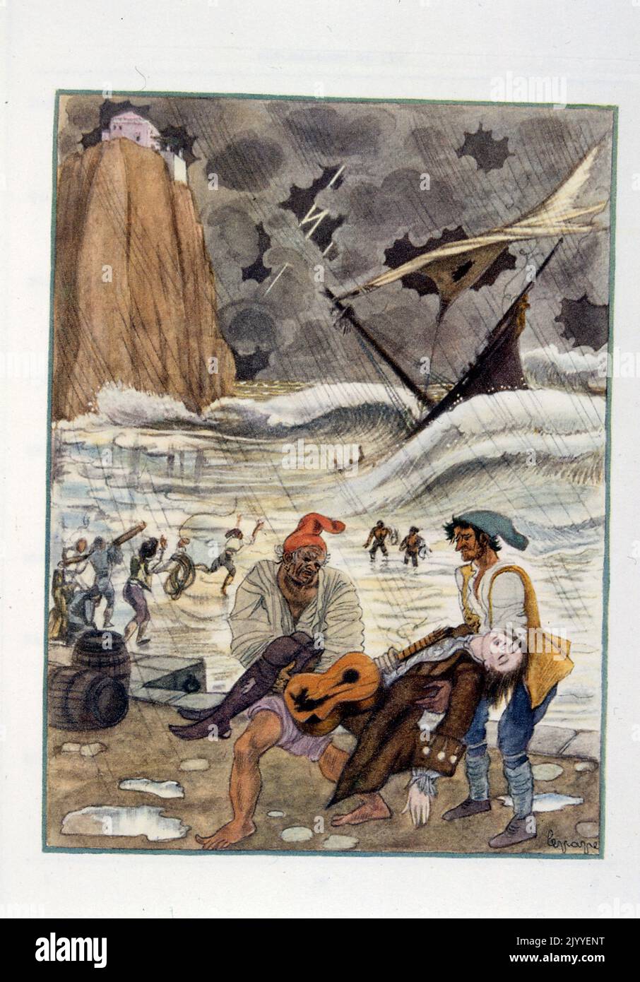 Abbildung eines Mannes, der von zwei Fischern aus dem Meer gerettet wurde. Der Mann hält seine Gitarre. Von Georges Lepape (1887-1971), französischer Plakatkünstler, Illustrator und Modedesigner Stockfoto