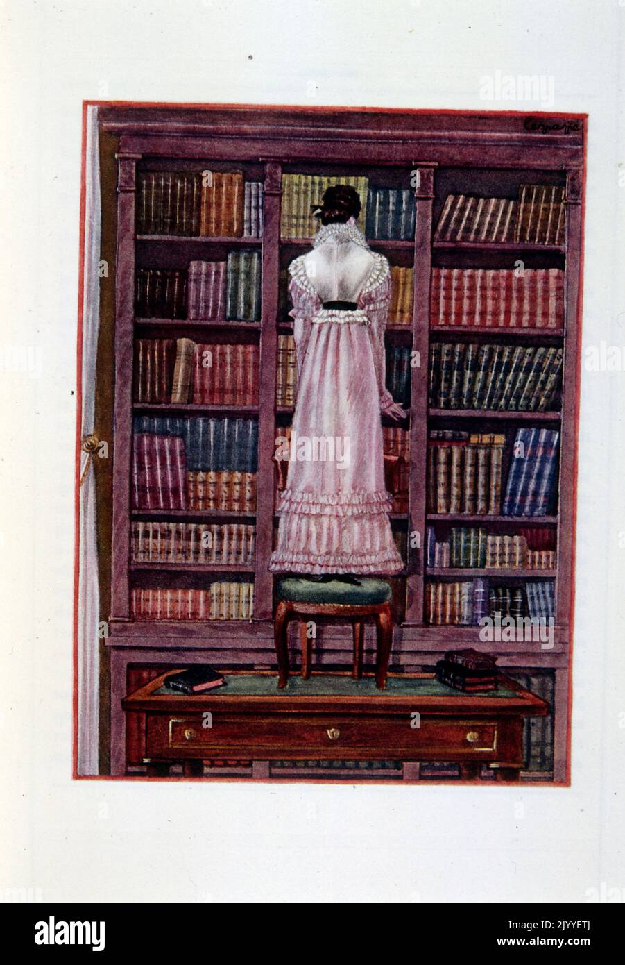 Abbildung einer Dame, die an einem großen Bücherregal steht und ein Buch auswählt. Von Georges Lepape (1887-1971), französischer Plakatkünstler, Illustrator und Modedesigner. Stockfoto