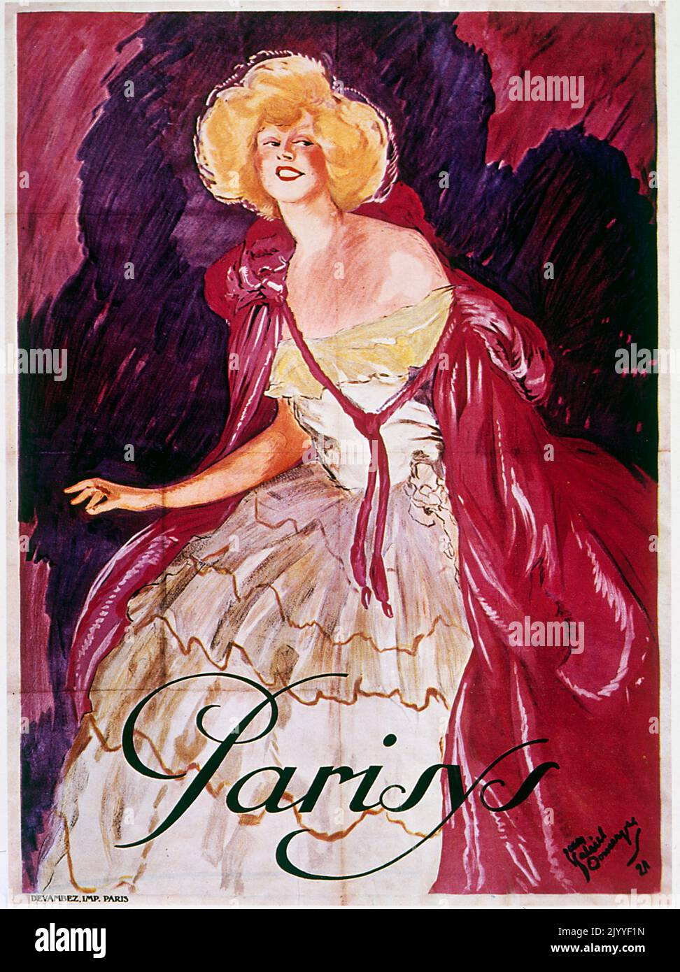 Farbposter, auf dem eine getarnte Dame mit der Aufschrift „Parisys“ abgebildet ist Stockfoto