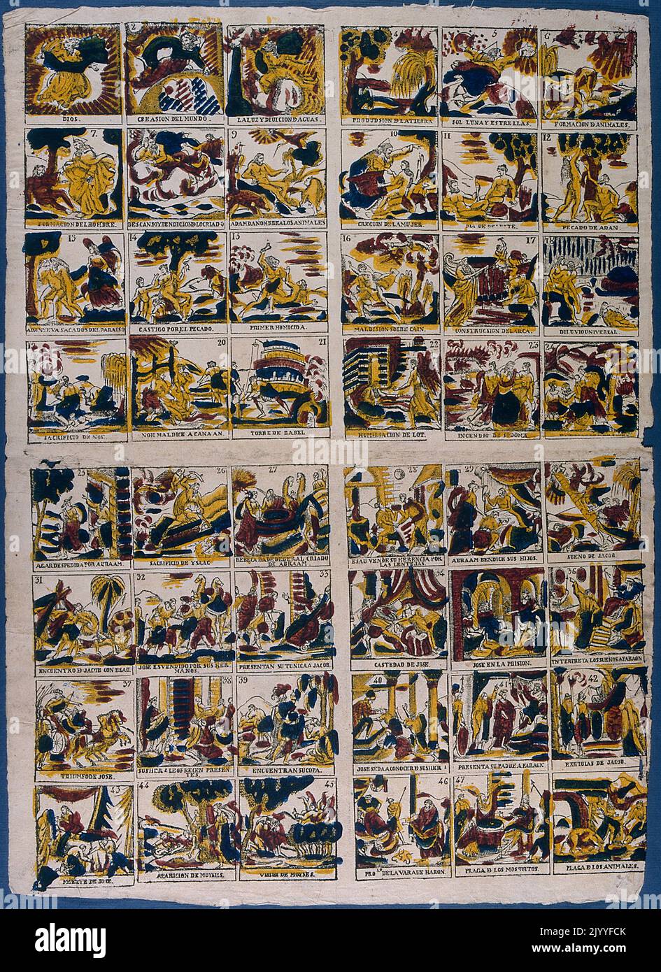 Farbige handgezeichnete Bilder von Szenen aus dem Alten Testament (Genesis und Exodus). Stockfoto