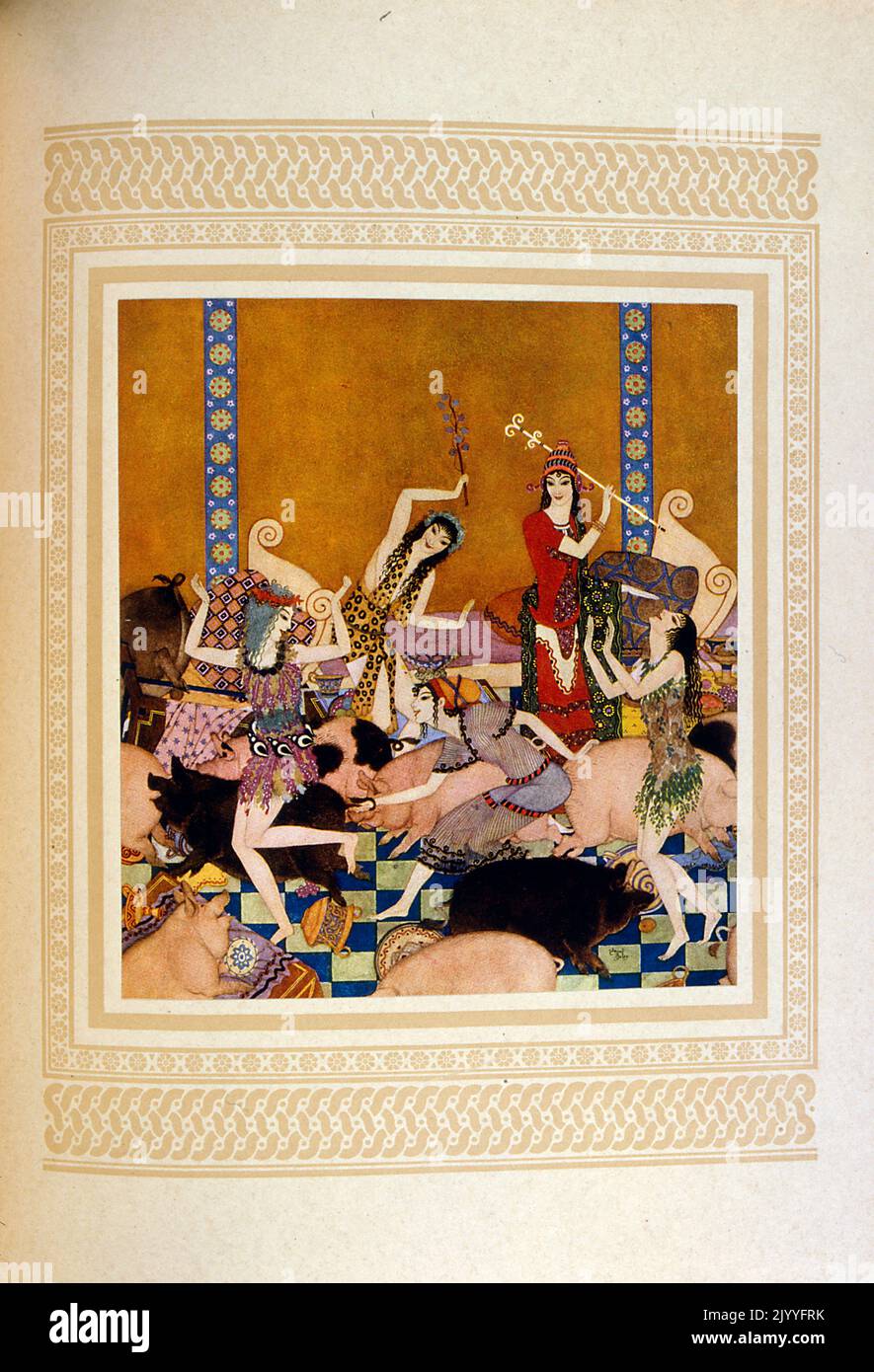 Farbige Illustration von Frauen, die mit Schweinen tanzen in der Folge, als Odysseus mit Circe auf der Insel gefangen ist. Illustriert von Edmund Dulac (1882-1953), einem französisch-britischen eingebürgerten Magazin und Buchillustrator. Stockfoto