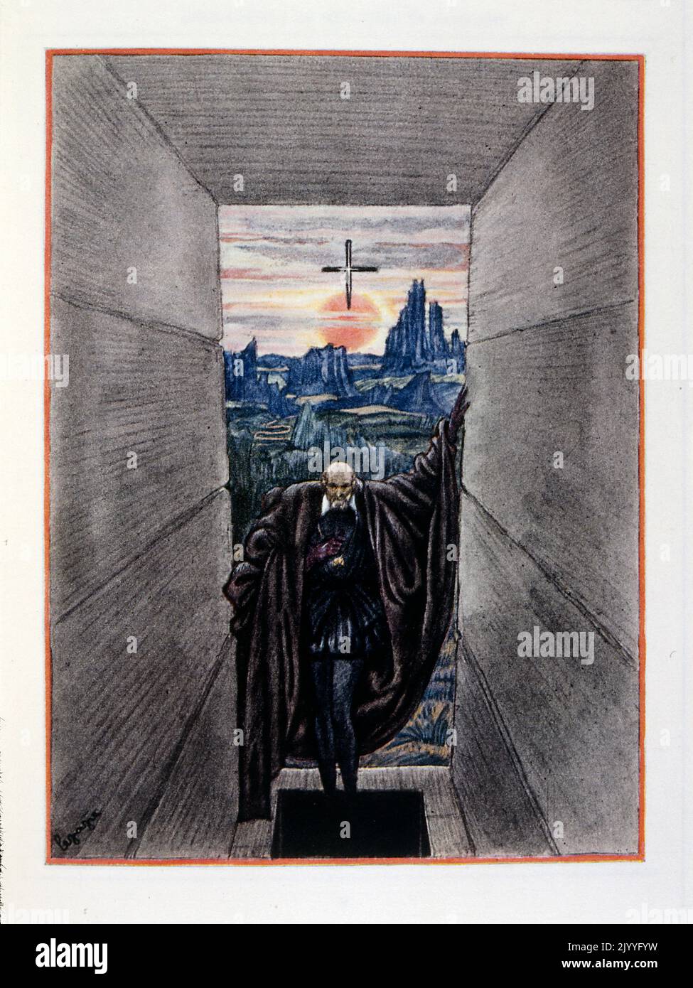 Farbige Illustration aus 'oeuvres posthumes' von Alfred de Musset, die einen getarbenen Mann zeigt, der in einen Korridor am Himmel geht. Illustriert von Georges Lepape. Stockfoto