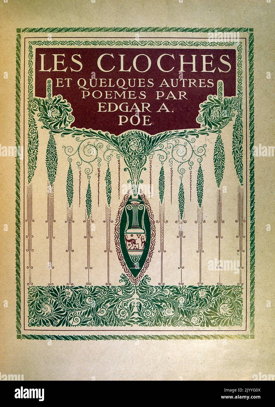 Farbige Illustration auf dem dekorativen Frontcover; Edgar Allan Poe (1809-1849), aus einer Ausgabe der Uhren und anderen Gedichte (1913), illustriert von Edmund Dulac (1882-1953), einem französischen britischen naturalisierten Magazin und Buchillustrator. Stockfoto