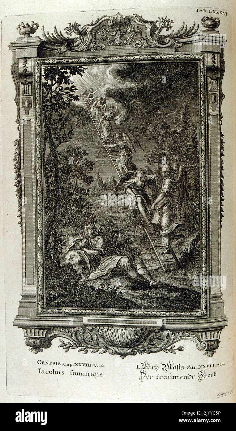 Gravur mit Jakobsleiter aus dem Buch Genesis. Die Illustration ist in einem kunstvollen Rahmen gesetzt. Stockfoto