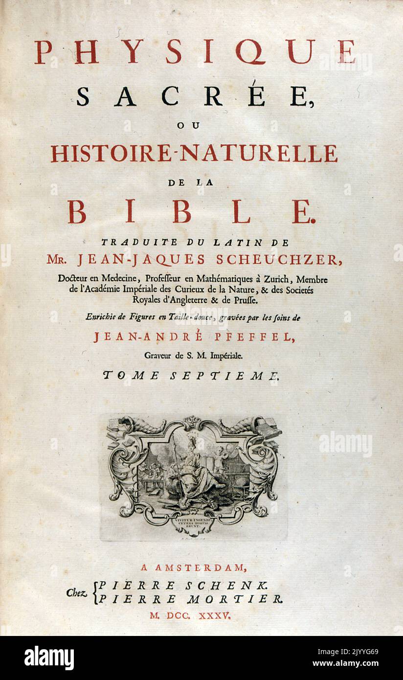 Titelseite der Naturgeschichte der Bibel, übersetzt aus dem Lateinischen von Jean-Jaques Scheuchzer; illustriert von Jean-Andre Pfeffel. Stockfoto