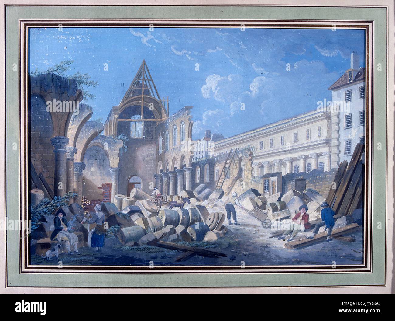 Farbiges Gemälde einer zerstörten Kirche von Pierre-Antoine de Machy (1723-1802) mit dem Titel „der Abriss des Klosters der Cordeaux im Jahr 1802“ Stockfoto