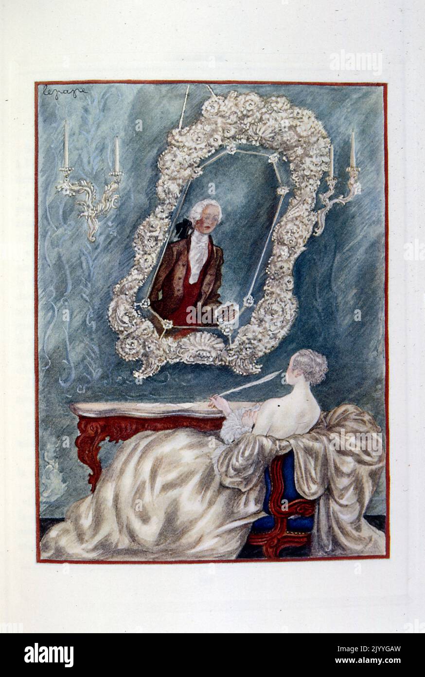 Farbige Illustration aus 'oeuvres posthumes' von Alfred de Musset, die eine Dame zeigt, die einen Brief mit einer Federkiel an einem Schreibtisch schreibt. Illustriert von Georges Lepape. Stockfoto