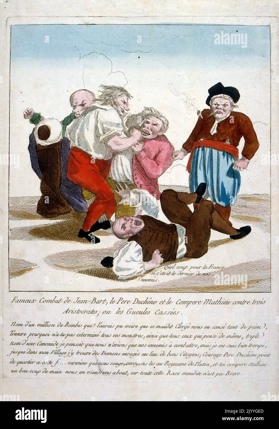 Farbige Illustration, die Männer zeigt, die in einer Schlägerei kämpfen, die der berühmte Kampf zwischen Jean-Bart, Pater Duchene und dem Komplizen Matthew war, und drei Aristokraten, wo sie sie verprügelten; Französische Revolution. Stockfoto
