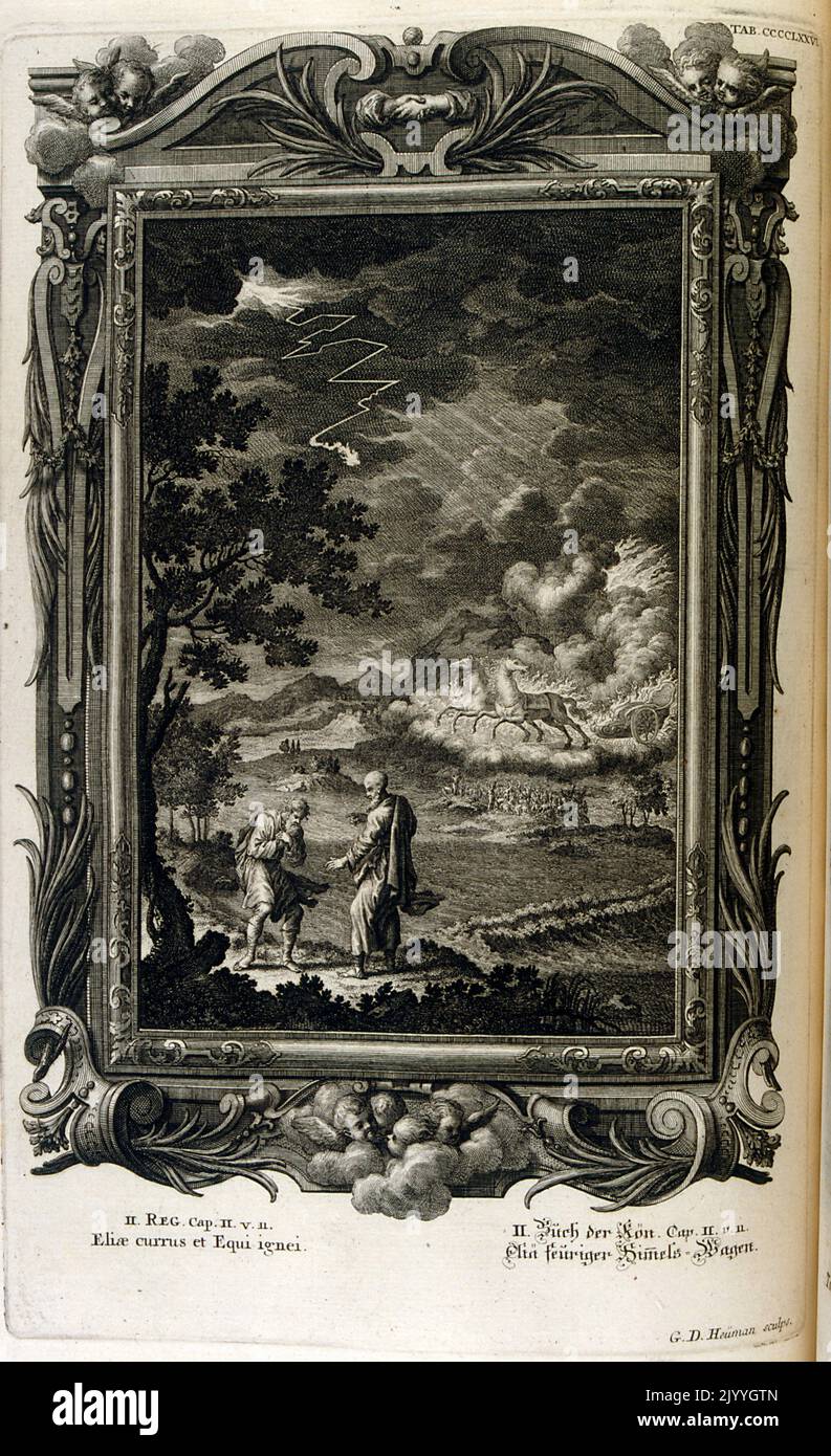 Abbildung: Elijah sieht weiße Pferde im Buch der Könige. Die Illustration ist in einem kunstvollen Rahmen gesetzt. Stockfoto