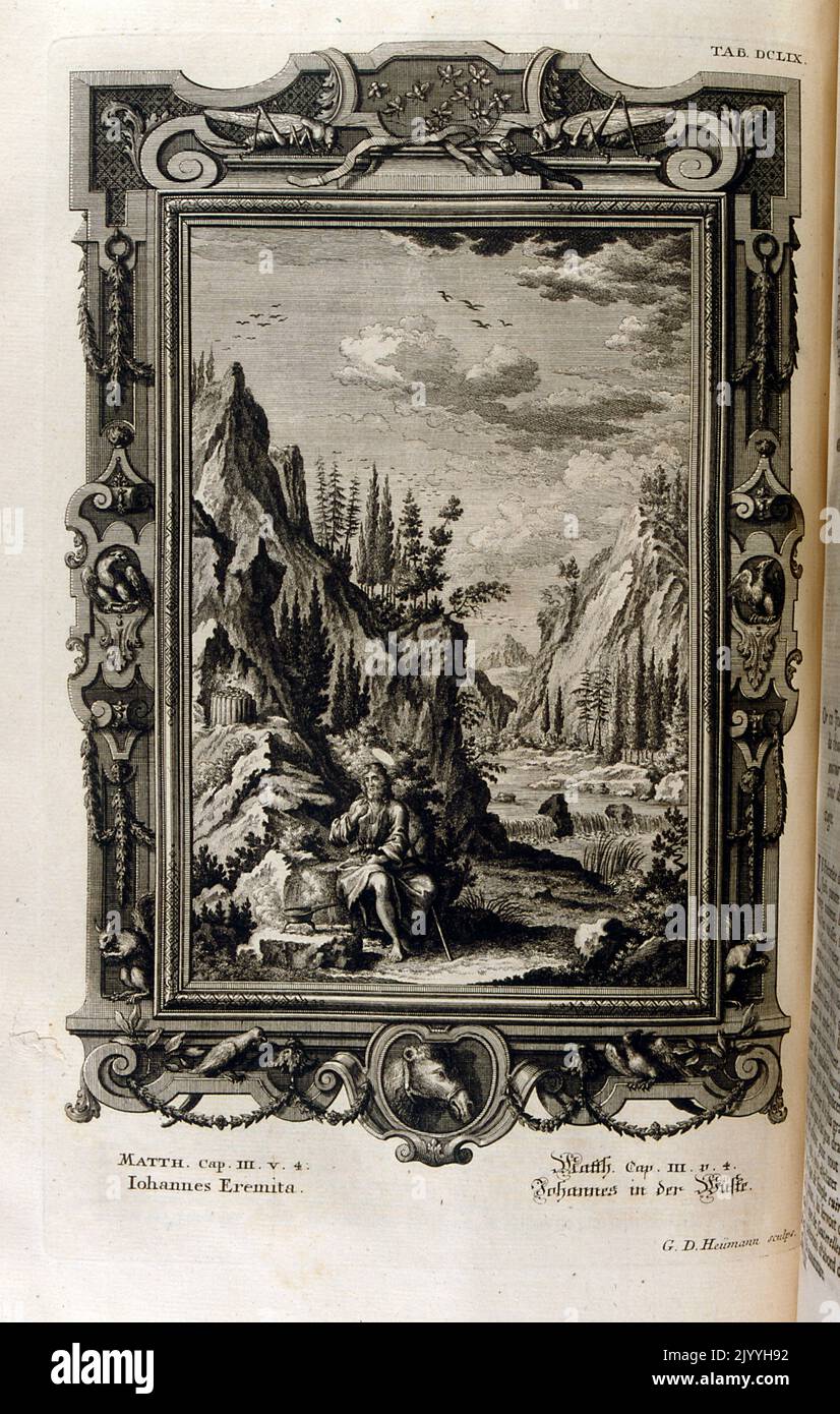 Stich mit Johannes dem Einsiedler (Matthäusevangelium). Die Illustration ist in einem kunstvollen Rahmen gesetzt. Stockfoto