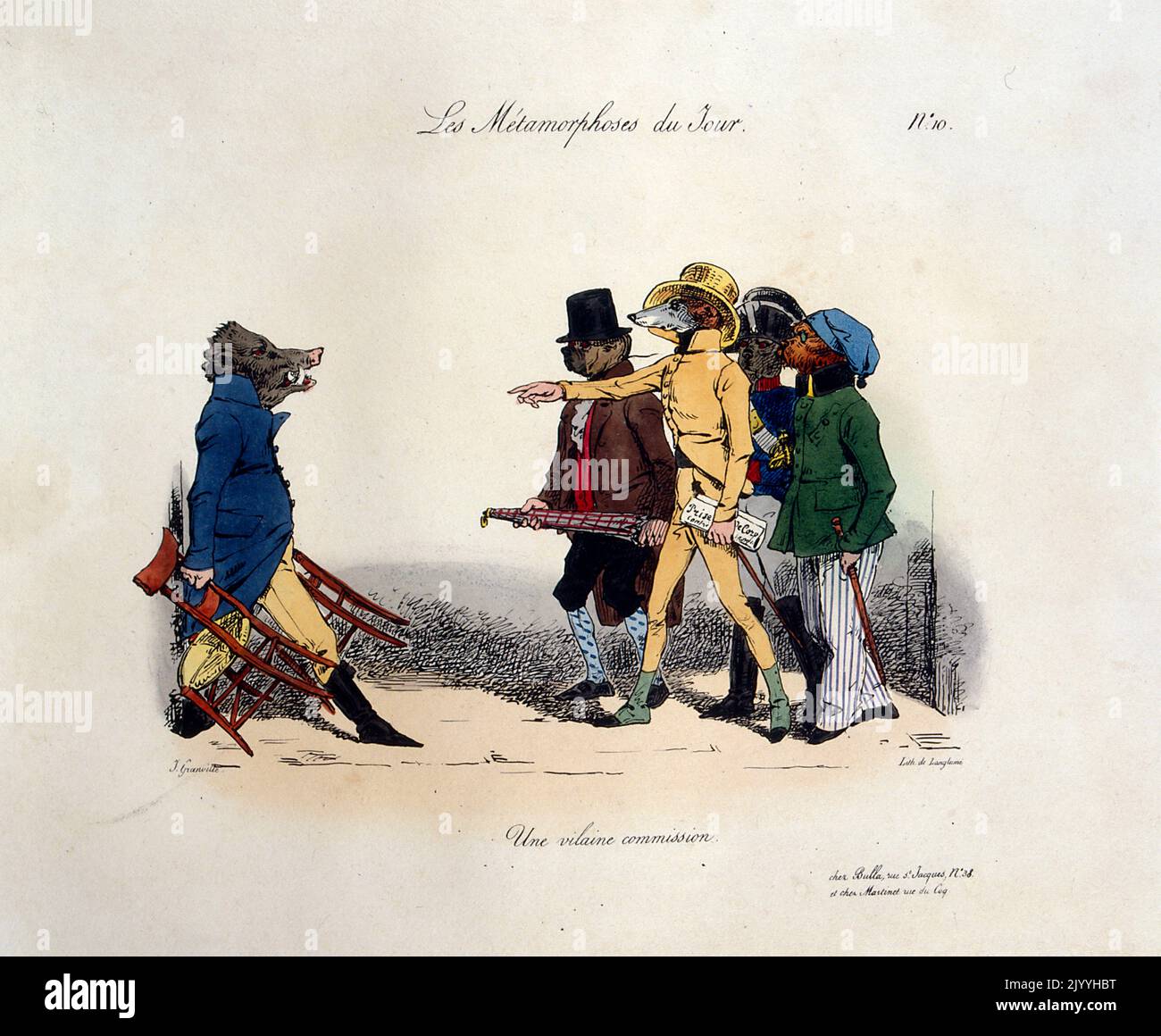 Farbige satirische Illustration einer Szene von Tieren in menschlicher Kleidung von Pierre Langlume (1790-1830), französischer Künstler. Stockfoto