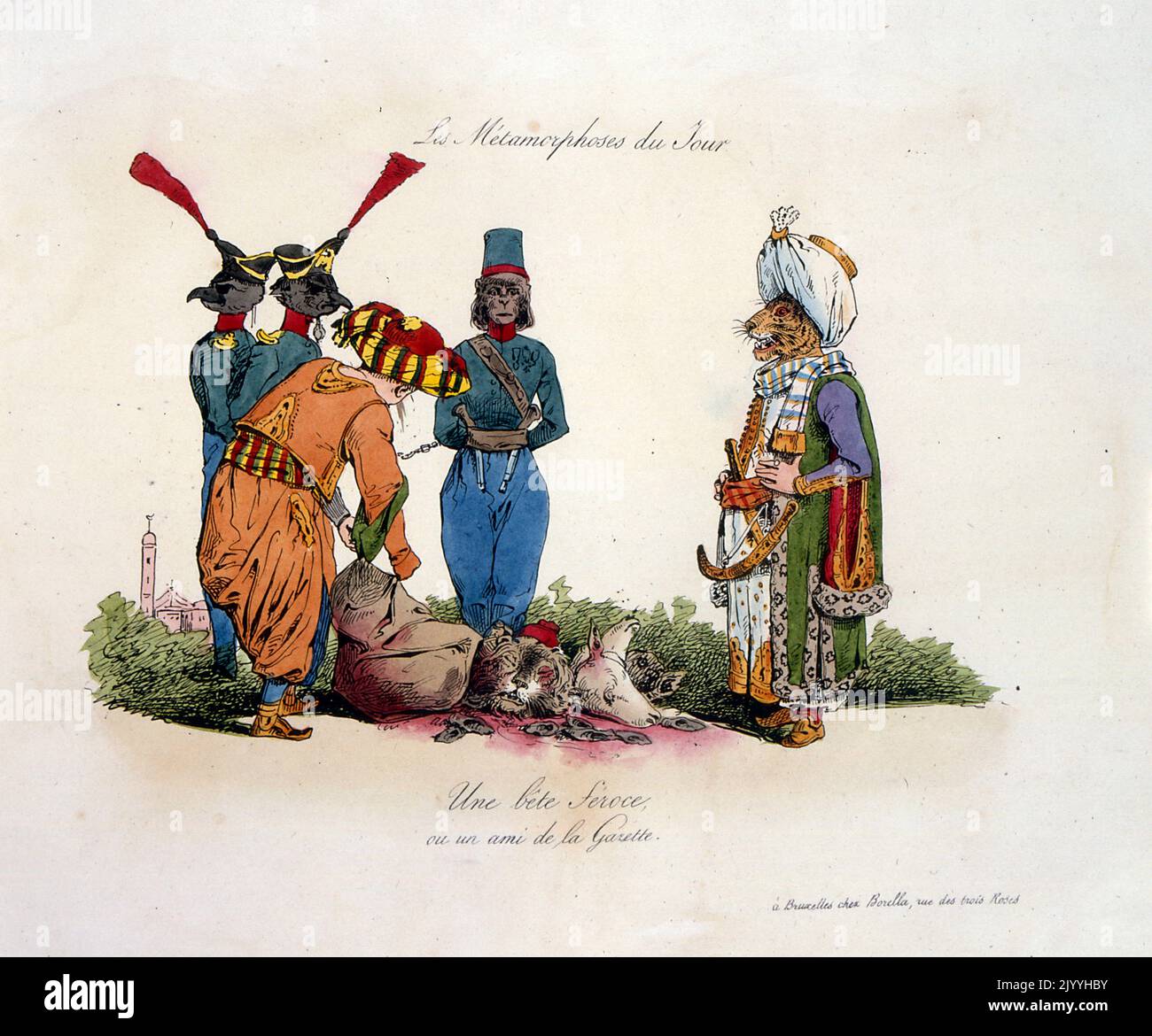 Farbige satirische Illustration mit dem Titel „Ein wildes Tier (oder Freund der Gazette)“, in der Tiere in menschlicher Kleidung dargestellt werden, mit Ausnahme eines Mannes in menschlicher Form. Der finster aussehende Tiger steht über den Köpfen toter Tiere. Illustriert von Pierre Langlume (1790-1830), französischer Künstler. Stockfoto