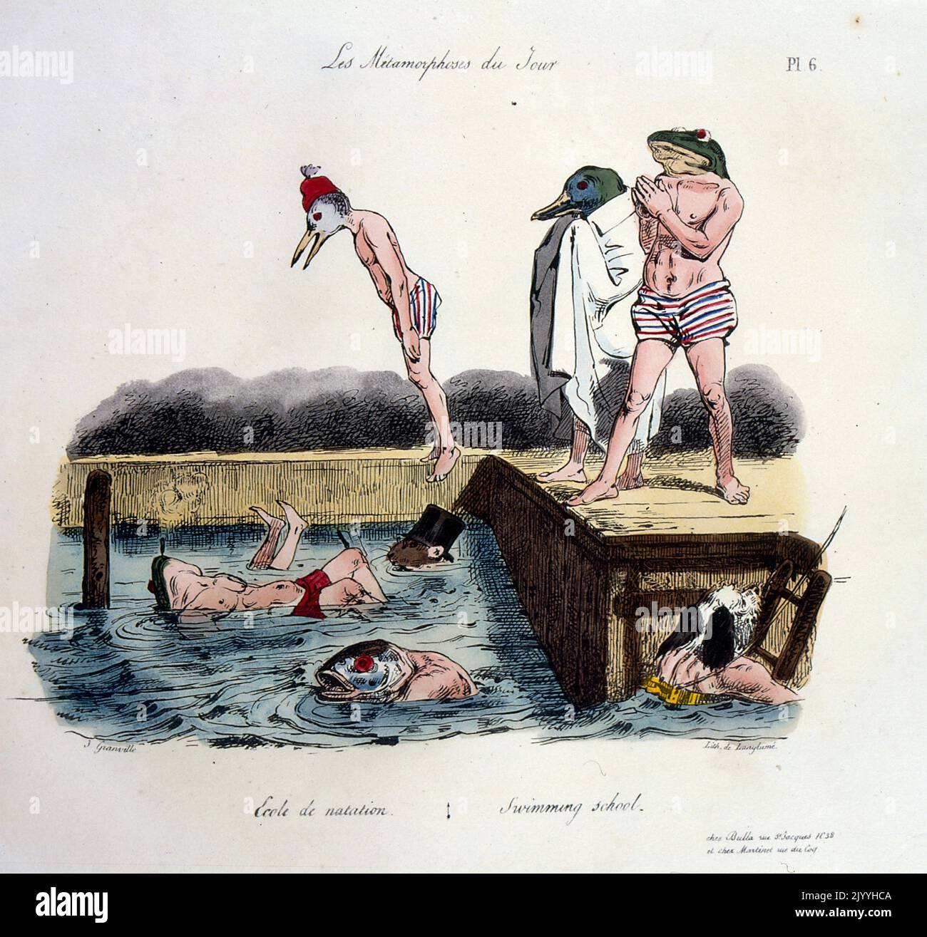 Farbige satirische Illustration von menschlichen Körpern mit Tierköpfen in der Nähe eines Schwimmbereichs. Jeder Kopf stellt dar, wie jeder Mensch mit dem Wasser umgehen kann. Von Pierre Langlume (1790-1830), französischer Künstler. Stockfoto