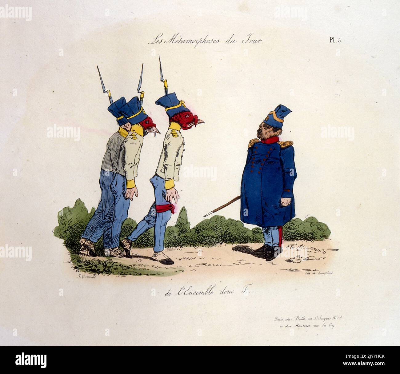 Farbige satirische Illustration eines Hundes, der in der Uniform eines Militärgenerals mit einem Schlagstock gekleidet ist. Drei seiner Soldaten stolpern zärmelig auf ihn zu. Von Pierre Langlume (1790-1830), französischer Künstler. Stockfoto