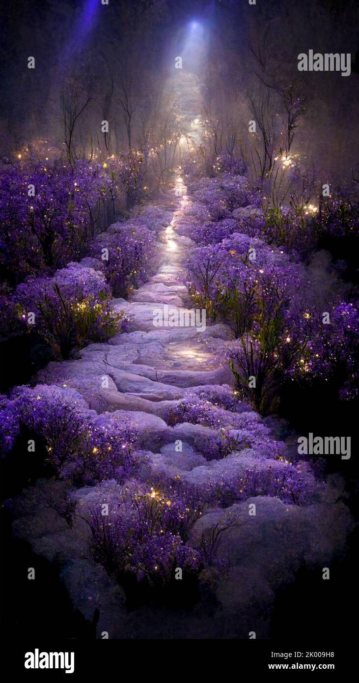 Fantasy Märchen Hintergrund mit lila Garten und blühenden Lavendel Feld. Fabelhafter märchenhafter Lavendelgarten im Freien und Mondlichthintergrund. 9:1 Stockfoto