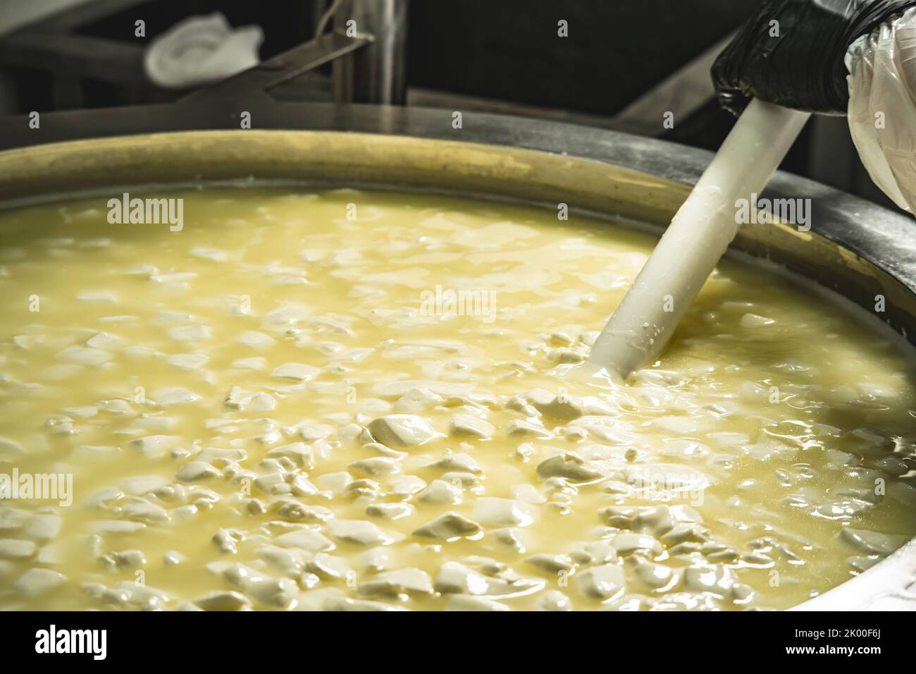 Der Prozess der Herstellung verschiedener Käsesorten in der Industrie. Käseherstellung aus natürlicher Milch und Erhaltung der Traditionen Stockfoto