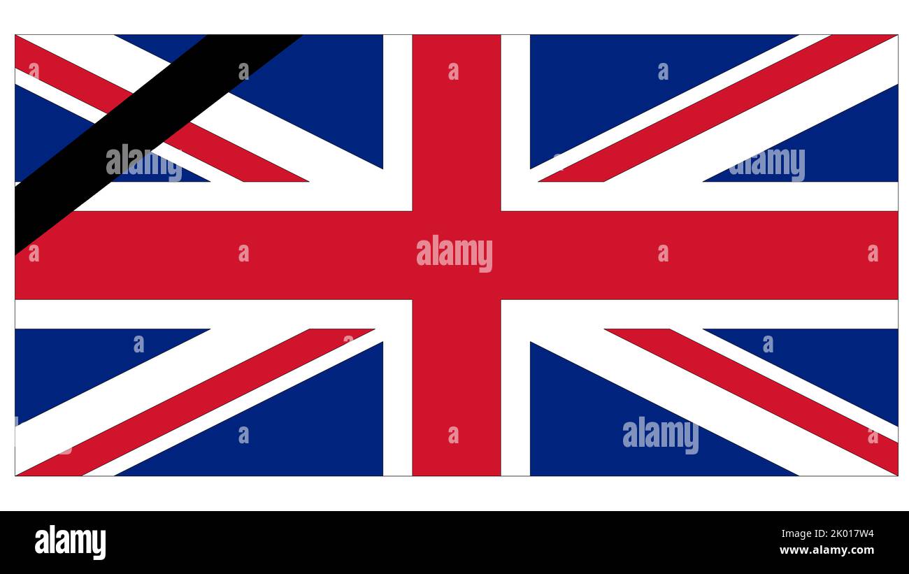 Queen Elizabeth II, britische Flagge mit schwarzem Trauerband zu Ehren der Königin. Stockfoto