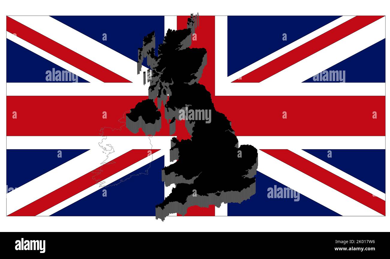 Queen Elizabeth II: union Jack-Flagge und schwarze Silhouette des Vereinigten Königreichs in 3D Grafiken. Stockfoto