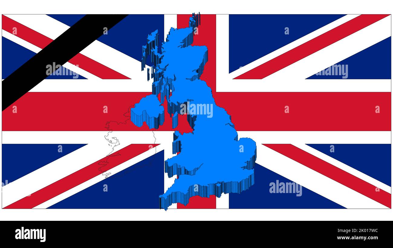 Queen Elizabeth II, britische Flagge mit schwarzem Trauerband und UK Silhouette in 3D Grafiken. Stockfoto