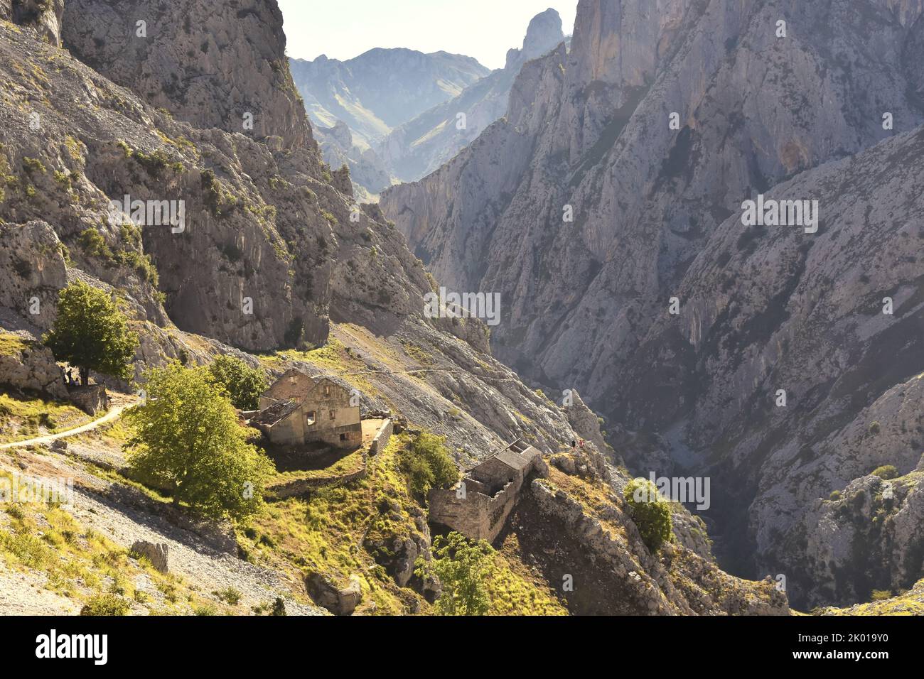 Verlassene Grundstücke, Cares Gorge Route durch die felsige Landschaft des Picos de Europa National Park Asturias Spanien. Stockfoto