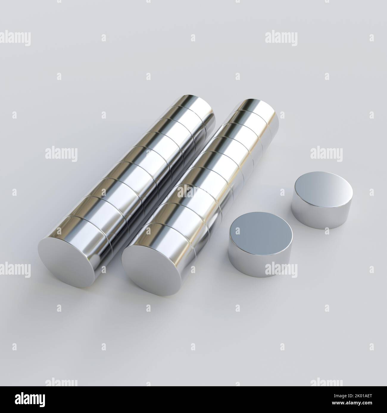 Neodym-Magnete isoliert auf weißem Hintergrund. 3D Rendering Stockfoto Neodym-Magnete isoliert auf weißem Hintergrund. 3D Rendering Stockfoto