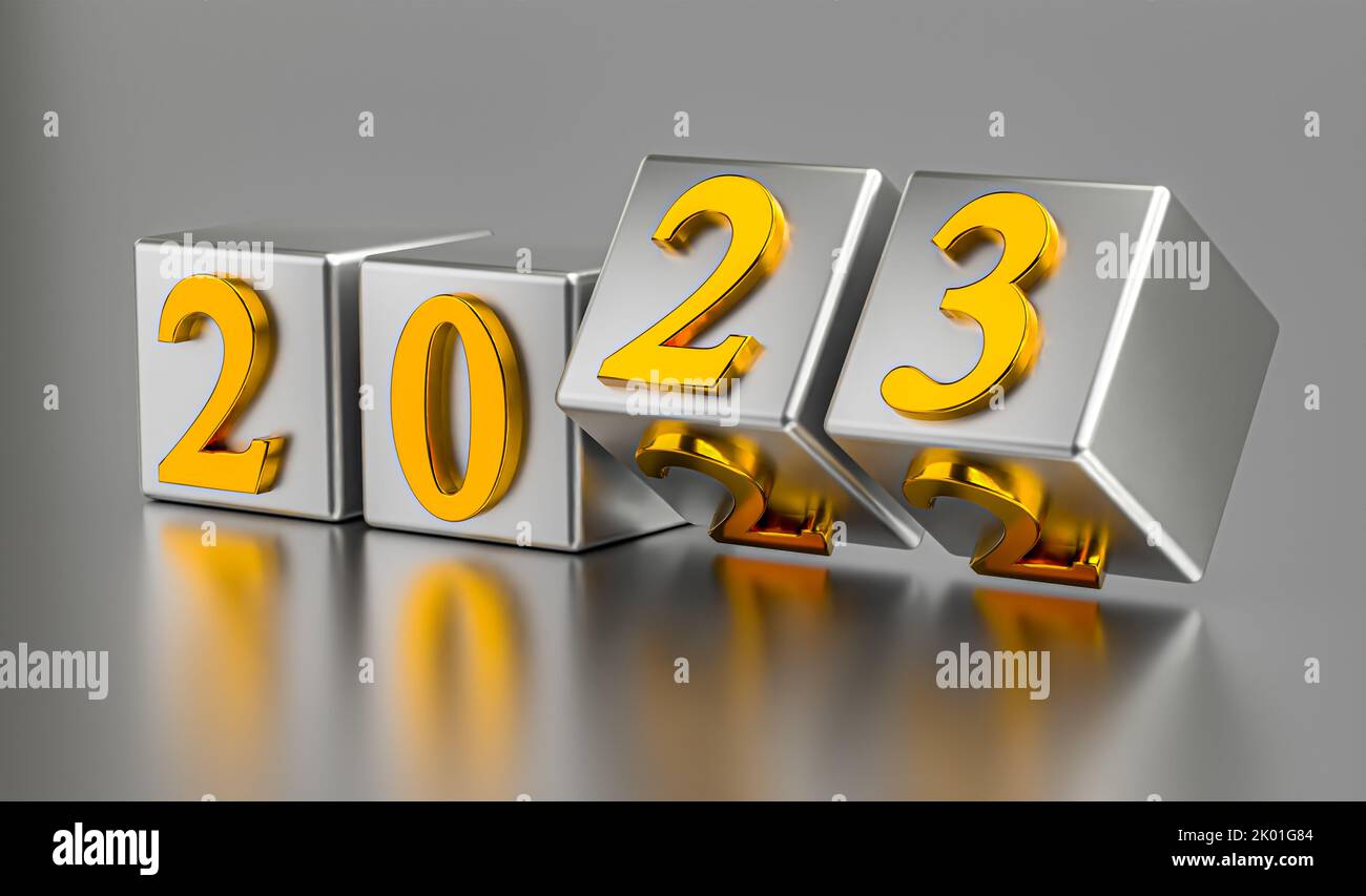Das Konzept der Neujahr-Ferien. Würfel mit der Nummer 2023 ersetzen 2022. 3D Rendern Stockfoto