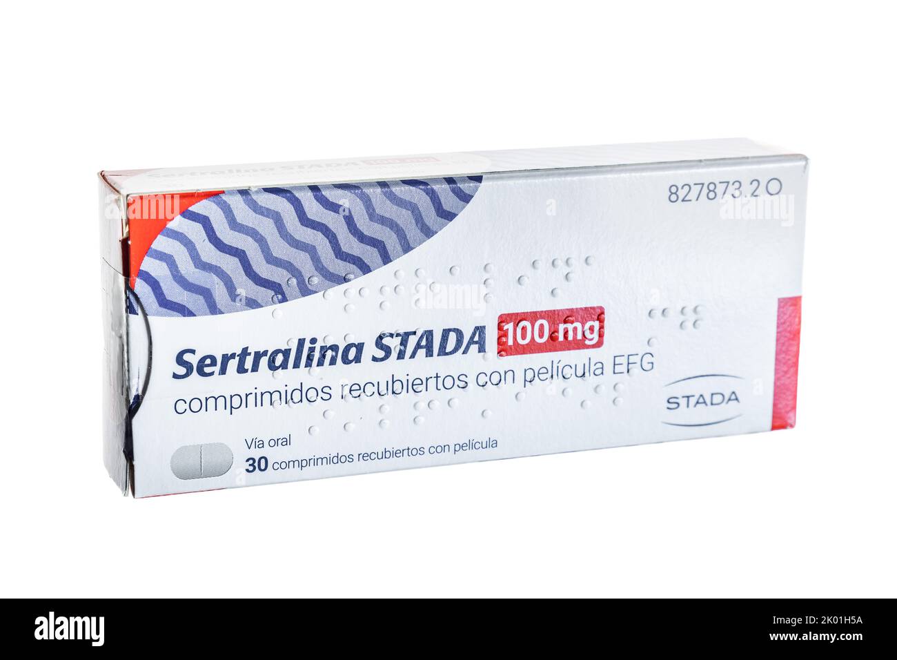 Huelva, Spanien - 8. September 2022: Sertraline vom Stada Lab. Es ist ein Antidepressivum der Klasse des selektiven Serotonin-Wiederaufnahmehemmers (SSRI). Stockfoto