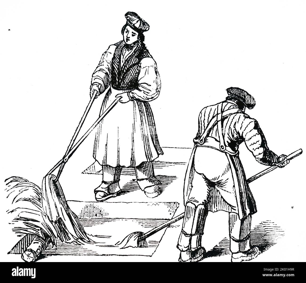 Ziehschalen werden gezeichnet. Die Häute wurden fünf Wochen lang in Kalkgruben eingetaucht und regelmäßig entfernt und ersetzt, damit die Lösung gleichmäßig auf den Haaren der Häute wirken konnte. Aus dem Penny Magazine, London, 1842. Stockfoto