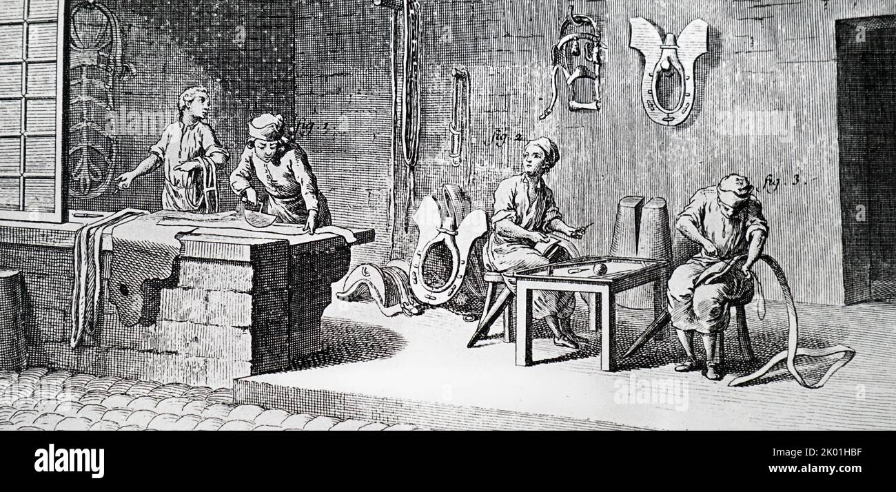 Die Sadler-Werkstatt. Aus Richtung Denis Diderot Encylopedie, Paris, 1751-1780. Stockfoto