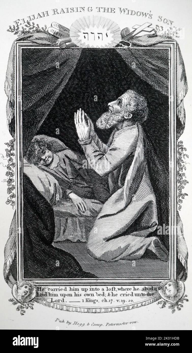 Elia erziehen das Kind der Witwe. I Kings 17,19-20. Aus Der Neuen Evangelischen Familienbibel, London, 1804. Stockfoto